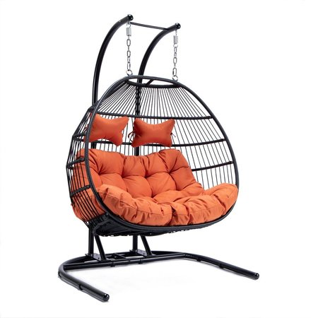 LEISUREMOD Wicker 2 Person Double Folding Hanging Egg Swing Chair Orange Cushions ESCF52OR